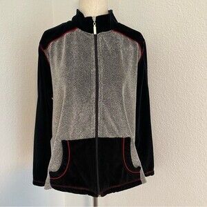 ERIKA Silver Gray with Navy Red Velour Accents Zip Front Jacket Size PXL